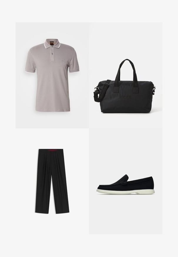 Grijze polo gemaakt van zachte katoen, met een placket met twee knopen, witte kraagaccenten en een klein logopatch op de borst.; Zwarte wijde broek met een vlakke voorkant, twee zijzakken, geplooid ontwerp en een contrasterende rode binnenband.; Zwarte instapper met een ronde neus, voorzien van een textuur bovenwerk, gladde witte zool en subtiele merktekens aan de zijkant.; Zwarte nylon sporttas met twee bovenhandvatten en een afneembare schouderriem. Voorzien van een geperst logo en een zachte textuur met ritssluiting.