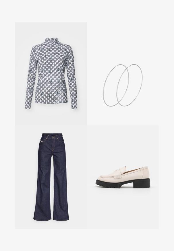 Long-sleeve turtleneck top in white with a geometric black and gray floral pattern. Made of smooth fabric with a fitted design.; Dark blue wide-leg jeans in denim fabric with a high waist, featuring orange stitching, five-pocket design, and a button closure.; Light beige leather loafers with a stitched front and a textured black platform heel. Features a curved design and a slight elevation.; Silver hoop earrings with a minimalist design. Circular shape, smooth texture, and thin profile. Lightweight with a polished finish.