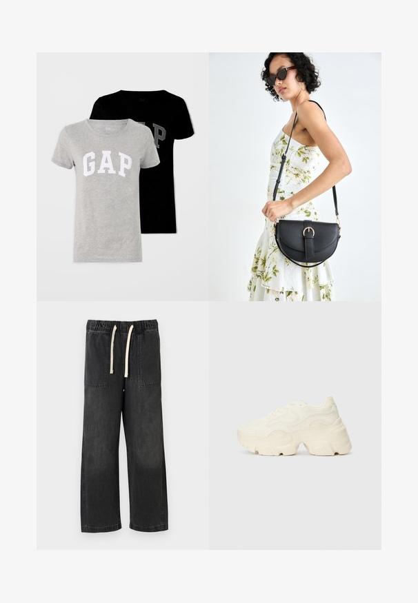 Two short-sleeve t-shirts, one grey with a white "GAP" logo, and one black with a grey logo. Both are made of soft cotton fabric.; Black denim pants with a relaxed fit, featuring an elastic waistband and cream drawstring, two front pockets, and visible stitching details.; Chunky white sneakers made of textured mesh and synthetic materials, featuring a thick sole and intricate pattern details along the sides.; Black leather handbag with a curved shape, detachable strap, and gold hardware. The bag features a flap with a buckle detail.