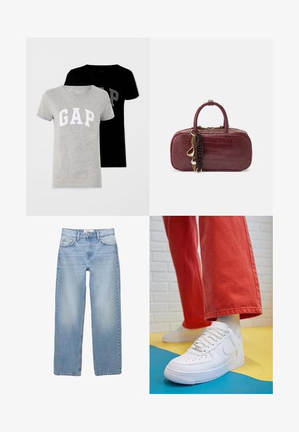 Dve tričká s krátkym rukávom, jedno šedé s bielym logom "GAP" a jedno čierne so sivej logom. Obe sú vyrobené z mäkkej bavlny.; Svetlomodré džínsy s rovnými nohavicami, päť vrecovými detailmi a viditeľným šitím. Tkanina má mäkkú, jemne vyblednutú textúru.; Biele kožené tenisky s perforovanou špičkou, textúrovanou podrážkou a bielymi šnúrkami, spárované so širokými červenými nohavicami na modrom a žltom pozadí.; Burgundská kabelka s textúrovaným vzorom krokodílej kože, dvoma krátkymi rúčkami a dekoratívnymi zlatými kovaniami vrátane prívesku a reťazového detailu.