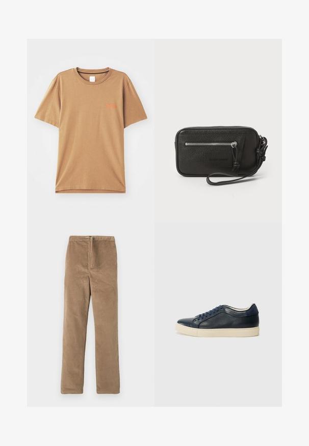 T-shirt castanho de mangas curtas, feito de algodão, com decote redondo, apresentando pequeno texto laranja no peito e um ajuste descontraído.; Calças de algodão castanhas com cintura elástica e cordão frontal, corte reto, apresentadas sobre fundo branco.; Sapatilha de couro azul-marinho com sola de borracha creme, apresentando atacadores azuis e uma textura suave. Bico arredondado e design minimalista.; Clutch preta em pele com superfície texturizada, bolso frontal com fecho e strap de pulso destacável. Apresenta um logotipo na parte frontal. Forma retangular.