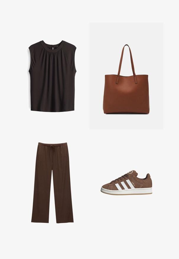Braun ärmelloses Top mit rundem Ausschnitt, gerafften Details an der Vorderseite und einem Schlüsselverschluss auf der Rückseite. Weicher, leichter Stoff.; Braune weite Hosen aus weichem Stoff, mit einem elastischen Bund und Kordelzug sowie zwei Seitentaschen.; Braune Wildledersneaker mit weißen Lederstreifen, Gummisohle, gerundetem Zehenbereich und Schnürung. Mit einem Logo auf der Zunge und perforierten Akzenten.; Braune Leder-Tote mit glatter Textur, offenem Oberteil und zwei Schulterriemen. Verfügt über minimale Nähte und keine sichtbaren Beschläge.