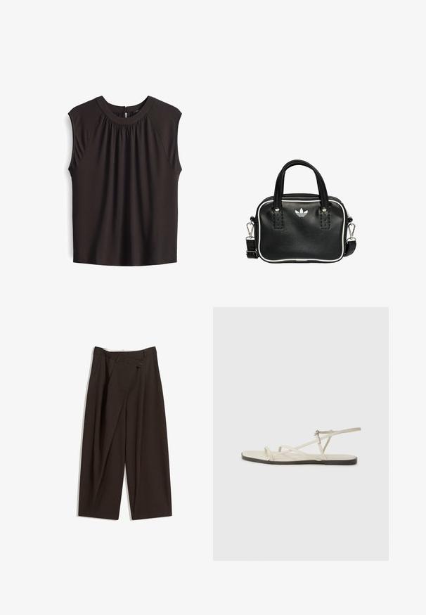 Top marrone senza maniche con scollatura rotonda, dettaglio arricciato nella parte anteriore e chiusura a fessura sul retro. Tessuto morbido e leggero.; Pantaloni a gamba larga marrone scuro con vita alta, dotati di una chiusura con bottone singolo e una parte anteriore plissettata. Realizzati in tessuto leggero.; Sandal in beige piatta con multiple cinghie sottili e una fibbia regolabile. La suola è piatta con un leggero contrasto scuro lungo il bordo.; Borsa a mano in pelle nera con due manici corti, hardware argentato, dettagli bianchi e un logo bianco. Presenta una superficie strutturata e un design compatto.