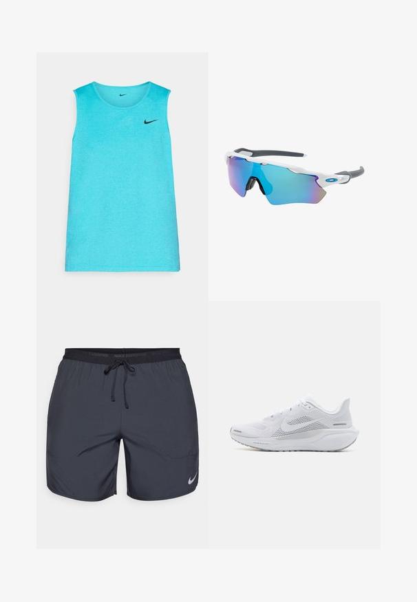 Helles blaues, ärmelloses Sport-Top aus einem glatten Stoff, mit einem schwarzen Nike-Logo auf der linken Brust und einem runden Ausschnitt.; Dunkelgraue Nike Laufshorts mit einem elastischen Bund und einem Zugband sowie einem silbernen Logo-Akzent am unteren rechten Bein.; Weißer Sportschuh mit einem Obermaterial aus Mesh, glatten Überzügen, grauen Akzenten, Schnürsenkeln und einer gepolsterten Sohle, die für Leistung ausgelegt ist.; Sonnenbrille mit einem weißen Rahmen, grauen Akzenten und blauen Spiegellinsen. Sportliches Design, umschließende Form und verstellbare Nasenpads.