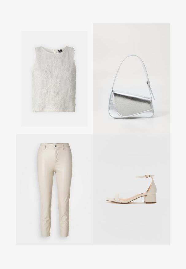 Top alb fără mâneci, realizat dintr-un material texturat, cu motive florale brodate, decolteu rotund și închidere cu nasturi în spate.; Pantaloni din piele ecologică bej cu croială slim, buzunare frontale și închidere cu nasture, având o textură netedă și picioare conice.; Sandal cu toc pătrat, bej, cu toc bloc. Dispune de o curea subțire la gleznă cu cataramă, textură netedă asemănătoare cu pielea și o înălțime moderată a tocului.; Geantă metalică argintie cu formă triangulară, textură netedă și o curea subțire, ajustabilă pentru umăr. Prezintă un design cu pliere și cusături.