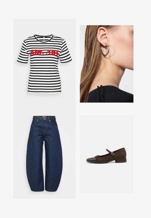 Pruhované bavlnené tričko s čiernymi a bielymi horizontálnymi pruhmi, krátkymi rukávmi a nápisom "AMOUR" v červenej textúrovanej tlači srdca.; Tmavomodré džínsy z denimu so širokým, voľným strihom. Majú zips na zapínanie, štyri vrecká a kontrastný šev pozdĺž švíkov.; Hnedé semišové topánky typu Mary Jane s čiernym lakovaným špičkovým krytom, nastaviteľným remienkom a nízkym blokovým podpätkom. Hladká textúra s minimálnymi akcentmi.; Strieborná kruhová náušnica s lesklým povrchom, obsahujúca malé zlaté akcenty a okrúhly tvar, nosená na lalôčiku ucha.