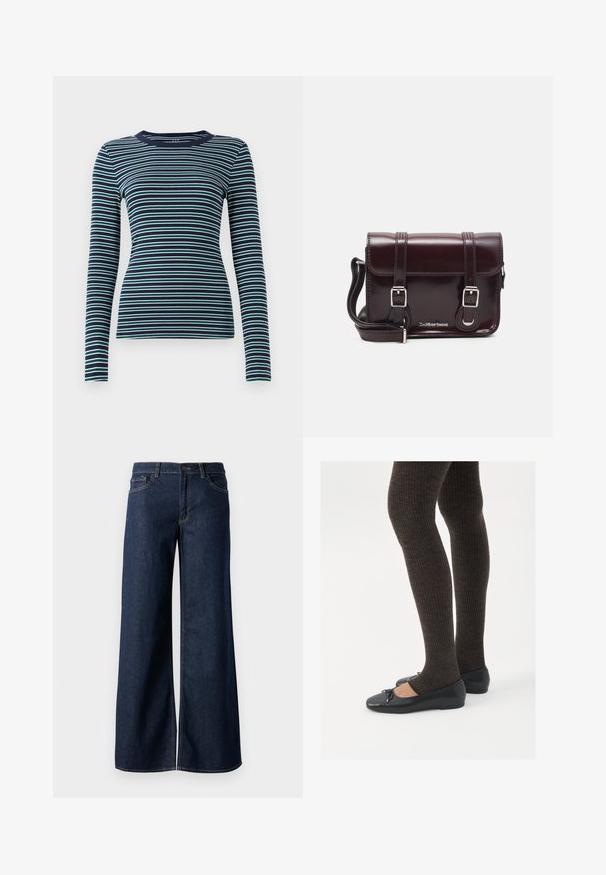 Langermet, tettsittende topp i marineblått med vekslende horisontale striper i hvitt og teal. Myk ribbet tekstur, rund utrigning og et enkelt design.; Vide benbukser i mørkeblå denim. Har kontrastsøm, fem lommer og en knaplukning i taljen. Glat tekstur.; Sorte flate sko med en liten sløyfedetalj på tåen, kombinert med mørkebrune ribbede strømpebukser. Skoene har en glatt overflate og lav profil.; Burgunderfarget patentlær crossover-veske med rektangulær form, to stropper, sølvfarget hardware og klaffelukking.