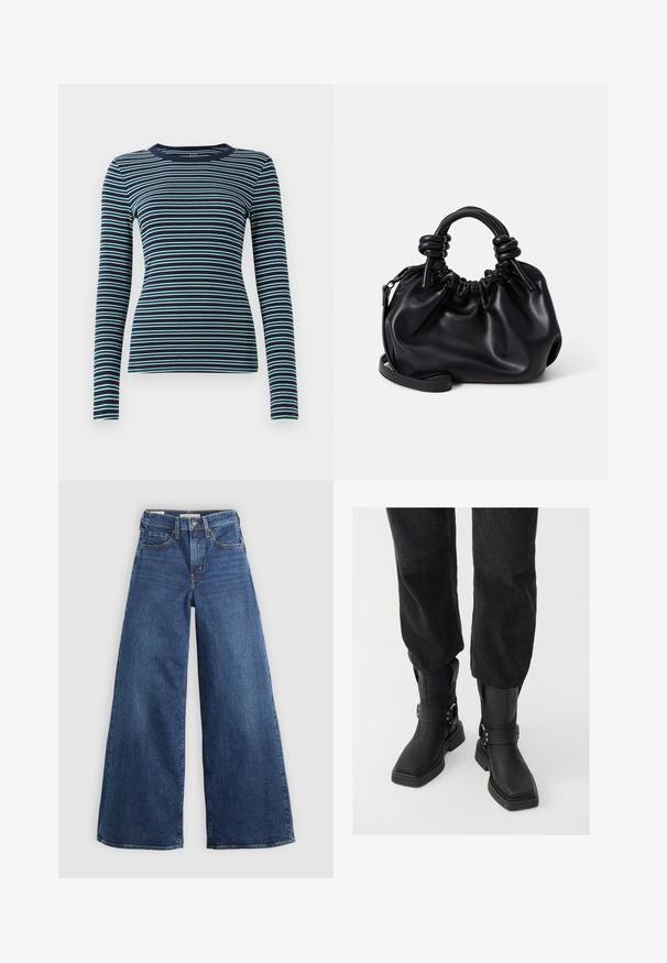 Dlouhý rukáv, přiléhavý top v námořnické modři s alternativními bílými a tyrkysovými vodorovnými pruhy. Měkce ribbovaný povrch, kulatý výstřih a jednoduchý design.; Široké modré džíny z denimu s pěti kapsami, zapínáním na knoflík a kontrastním prošíváním, které mají měkký a texturovaný povrch.; Černé kožené kotníkové boty se čtveratou špičkou, vybavené širokým páskem a kovovou sponou. Boty mají chunky podešev a hladký povrch.; Černá kožená kabelka s nařaseným designem, krátkými zaoblenými rukojeťmi a odnímatelným ramenním popruhem. Hladký povrch s jemným siluetou.