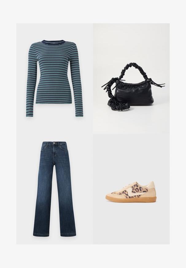 Hosszú ujjú, testhezálló topp sötétkék színben, fehér és türkiz kék váltakozó vízszintes csíkokkal. Puha bordázott textúra, kerek nyakkivágás és egyszerű dizájn.; Sötétkék farmernadrág, széles szárú dizájnnal, öt zsebbel és elülső gombos záródással. Sima tapintású és klasszikus varrási részletekkel.; Leopárdmintás sportcipő bézs velúr felsőrésszel, világosbarna gumitalppal és fehér kiegészítőkkel. Kerek orr, fűzős kialakítás, és textúrázott felület jellemzi.; Fekete műbőr kézi táska krokodil bőr textúrával, összehúzható tetejű és gyűrt pánttal. Lágy és kompakt dizájnúnak tűnik.