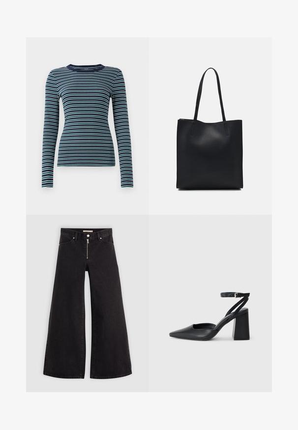 Langarmige, aansluitende top in marineblauw met afwisselend witte en teal horizontale strepen. Zachte ribbelstructuur, ronde hals en een eenvoudig ontwerp.; Wijdvallende jeans van zwarte denim met een ritssluiting aan de voorkant, vijf zakken en subtiele stikdetails. Soepele textuur en casual stijl.; Zwarte leren puntige pump met een enkelbandje en een chunky hak. Vlakke textuur, strakke vormgeving en minimalistische esthetiek.; Zwarte leren handtas met een gladde textuur, rechthoekige vorm en twee lange handvaten. Geen zichtbare hardware of versieringen.