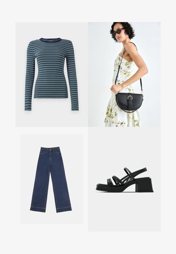 Langärmliges, eng anliegendes Oberteil in Marineblau mit abwechselnden weißen und türkisfarbenen horizontalen Streifen. Weicher gerippter Stoff, runder Ausschnitt und ein schlichtes Design.; Weite Jeans in dunkelblauem Denim. Verfügt über fünf Taschen, Gürtelschlaufen und einen rohen Saum am unteren Ende mit sichtbaren Nahtdetails.; Schwarze Absatzsandalen mit mehreren dünnen Riemen und einem breiten Blockabsatz. Schlankes Design mit matter Textur. Der Fußbett hat eine leichte Kurve.; Schwarze Lederhandtasche mit geschwungener Form, abnehmbarem Tragegurt und goldenen Beschlägen. Die Tasche verfügt über einen Deckel mit einer Schnallen-Details.