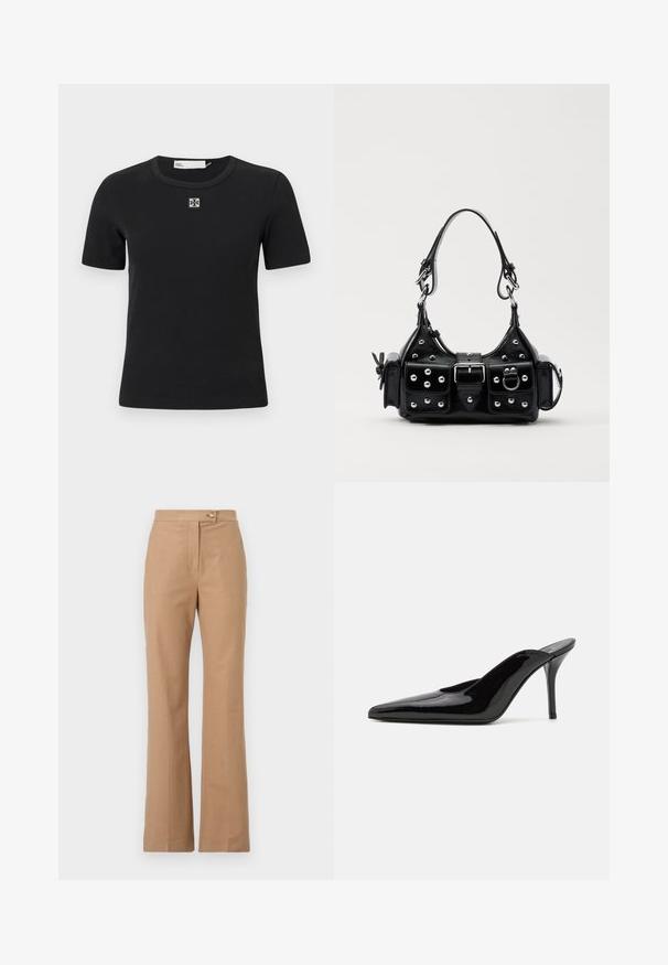 T-shirt preta com texturização canelada, de mangas curtas, com decote redondo e detalhe de logotipo quadrado no peito. Textura suave e design ajustado.; Calças bege ajustadas com um silhueta alargada, feitas de um tecido suave, com fecho frontal por botão e dois bolsos laterais.; Mule de salto alto em couro envernizado preto com ponta fina e uma silhueta elegante, apresentando um calcanhar aberto e um salto stiletto esbelto.; Bolsa de couro preta com um design curvado, apresentando tachas prateadas, uma fivela e dois bolsos laterais. Alça ajustável para opções de transporte.