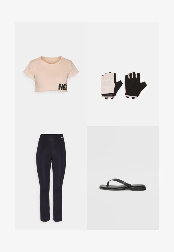 Light pink cropped t-shirt made of soft cotton. Features short sleeves and a black "NEB" print on the lower left side. Rounded neckline.; Black athletic pants with a smooth texture, wide elastic waistband, and a fitted design, tapering slightly towards the ankle.; Black flip-flop made of smooth leather, featuring a thin strap design and a flat sole with a minimal profile. No notable patterns or accents.; Fitness gloves with a light pink and black design, made of breathable material, featuring an adjustable wrist strap and textured grip accents.
