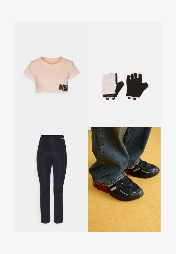 Lys pink cropped t-shirt lavet af blød bomuld. Har korte ærmer og et sort "NEB" print nederst til venstre. Rundet halsudskæring.; Sorte træningsbukser med en glat tekstur, bred elastisk talje og en tætsiddende pasform, der smalner lidt ind mod anklen.; Sorte sportssko med en mesh-overdel, blanke detaljer og rød polstring i sålen, parret med blå denimjeans.; Fitness-handsker med et lyst pink og sort design, lavet af åndbart materiale, med en justerbar håndledsrem og teksturerede grebselementer.