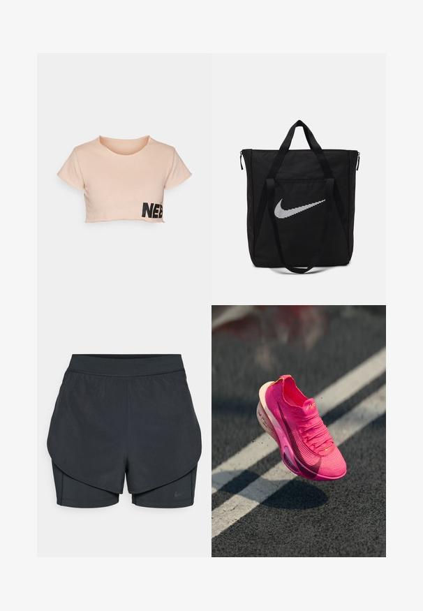 Light pink cropped t-shirt made of soft cotton. Features short sleeves and a black "NEB" print on the lower left side. Rounded neckline.; Black athletic shorts with a layered design, featuring a smooth outer layer and fitted inner shorts. Made of lightweight, stretch fabric.; Sport shoe in bright pink knitted material with textured surface, mesh upper, and a white midsole. Features a swoosh logo in dark pink.; Black nylon tote bag with two sturdy handles and zip closure. Features a prominent white Nike swoosh logo in a horizontal striped design.
