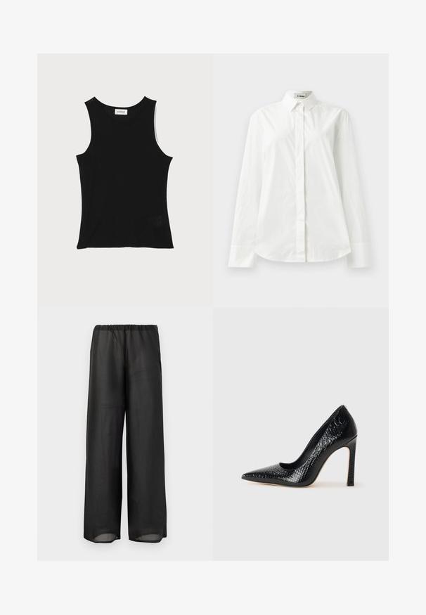 Black ribbed tank top with a round neckline and wide shoulder straps, featuring a subtle textured finish and a small mesh detail at the hem.; White cotton long-sleeve shirt with a pointed collar, button-front closure, and rounded hem. Smooth texture, regular fit, and no patterns.; Black wide-leg pants made of lightweight, semi-sheer fabric with an elastic waistband. The design features a flowing and relaxed silhouette.; Black pointed-toe high heel shoe with a crocodile-skin texture, featuring a sleek design, high stiletto heel, and smooth black interior.