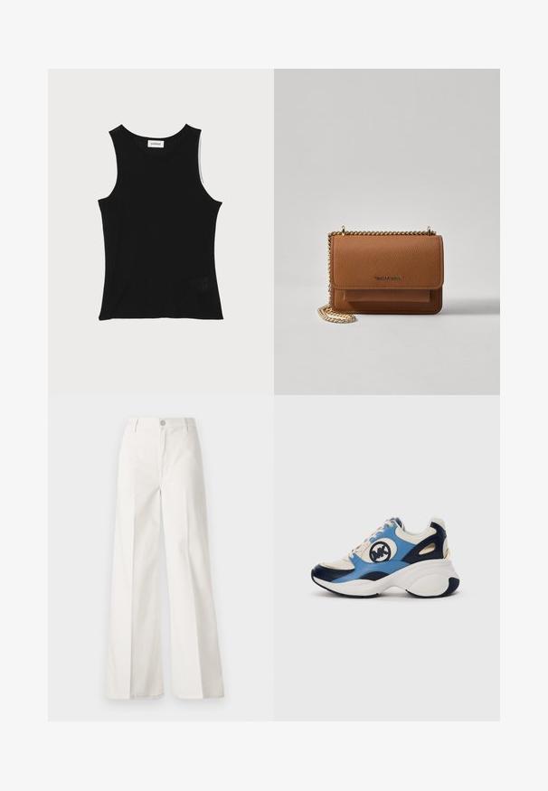 Fekete bordázott ujjatlan felső kerek nyakkivágással és széles vállpántokkal, finom textúrázott felülettel és kis hálós részlettel az alján.; Fehér, bővebb nadrág, amely pamutból készült, sima textúrával. Elöl gombbal, cipzáras záródással és négy zsebes kialakítással rendelkezik.; Fehér, tengerészkék és világoskék velúr sneaker vastag talppal és kör alakú hímzett logóval az oldalon.; Barna textúrájú bőr keresztbody táska arany lánc pánttal és fedélzárral. Az elején logó részlet és egy zseb található a fedél alatt.