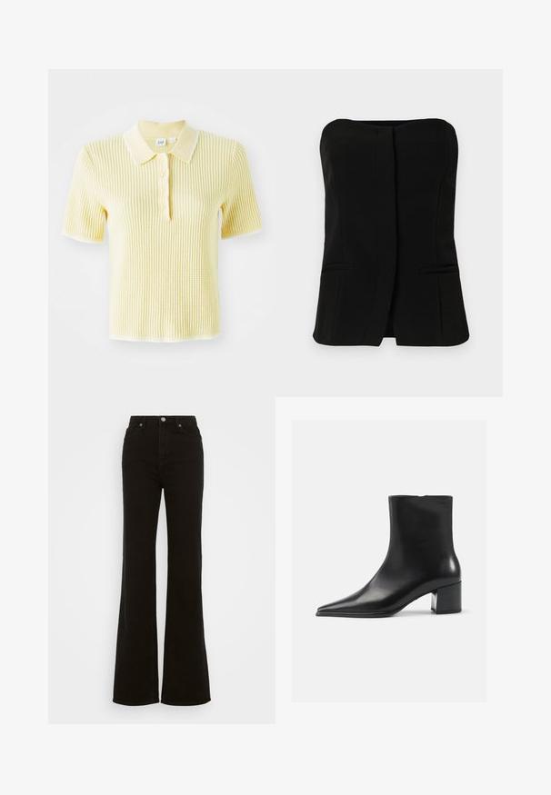 Polo shirt a righe gialle con colletto bianco a contrasto e patta dei bottoni. Maniche corte e superficie testurizzata.; Top nero senza maniche con scollatura diritta, patta frontale e due tasche laterali nascoste. Tessuto liscio con un design su misura.; Jeans neri a vita alta e svasati, realizzati in denim, con chiusura a bottone, tasche laterali e una texture liscia.; Stivaletto in pelle nera con punta appuntita, texture liscia e tacco medio a blocco. Design minimalista, chiusura con zip sul retro.