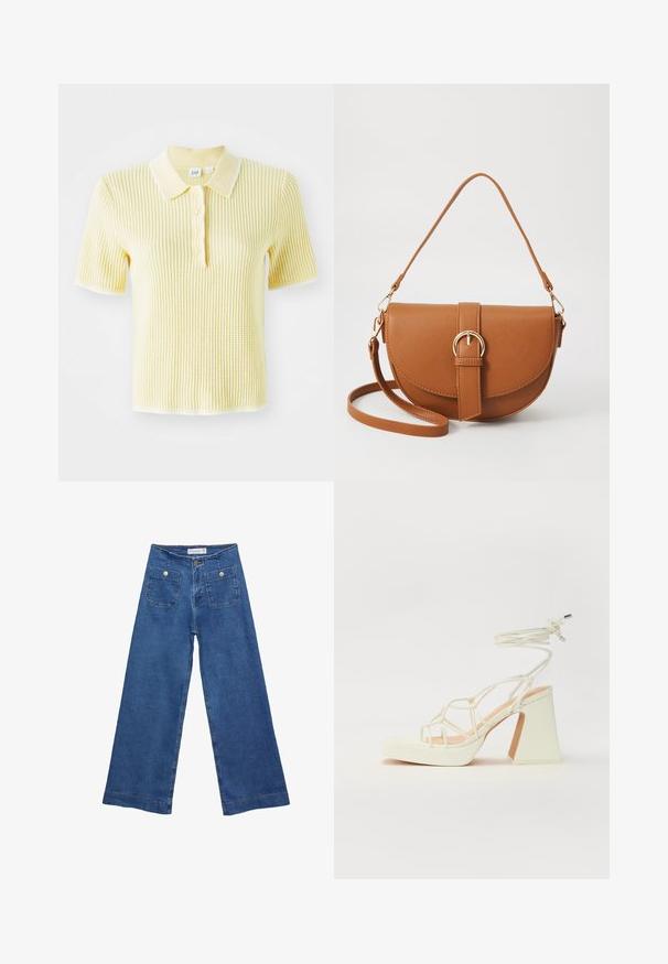 Geel geribbeld gebreid poloshirt met een contrasterende witte kraag en knoopsluiting. Korte mouwen en een gestructureerd oppervlak.; Denim brede pijpen jeans met een middelblauwe wassing, twee voorkanten met knoopsluitingen en gestikte details langs de zoom.; Witte hoge hakken sandaal met een chunky hak, met een bandjesontwerp en enkelband. Gladde textuur met een plateau voor extra hoogte.; Bruine leren schoudertas met een gebogen vorm, gouden hardware en een gespaccent. Bevat een afneembare schouderriem.