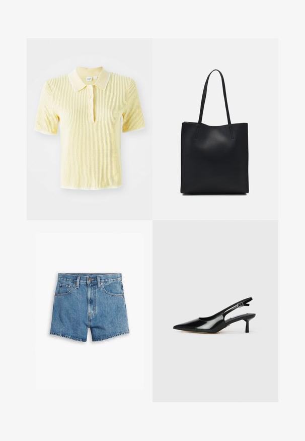 Sárga bordázott kötött pólóing kontrasztos fehér gallérral és gombos záródással. Rövid ujjú, texturált felületű.; Világoskék farmer rövidnadrág, öt zsebbel, cipzáros megoldással és gombos záródással. A szegélyt megkoptatták, és laza szabású dizájn jellemzi.; Fekete patent bőrből készült slingback magassarkú cipők hegyes orral, vékony sarokkal és állítható csattal. Simább textúrájú, minimális részletezéssel.; Fekete bőrtáska sima felszínnel, téglalap alakú, két hosszú füllel. Nincs látható fémkiegészítő vagy díszítés.