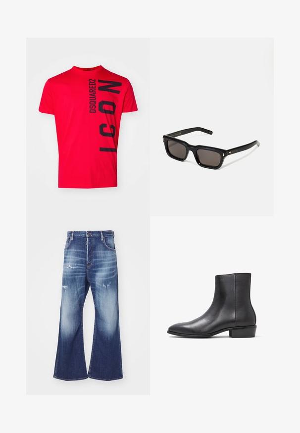 Rode katoenen t-shirt met zwart verticale tekst "DSQUARED2 ICON". Korte mouwen en een ronde hals met een soepele textuur.; DSQUARED2 ICON EROS - Relaxed fit jeans - navy blue; ALDO PILLOWWALK+FLEX INSIDE ZIP AMUR - Lage laarzen - open black; Zwarte rechthoekige zonnebril met donkere lenzen, een dik plastic montuur, gouden accenten op de veren en het merkembleem gegraveerd op de arm.