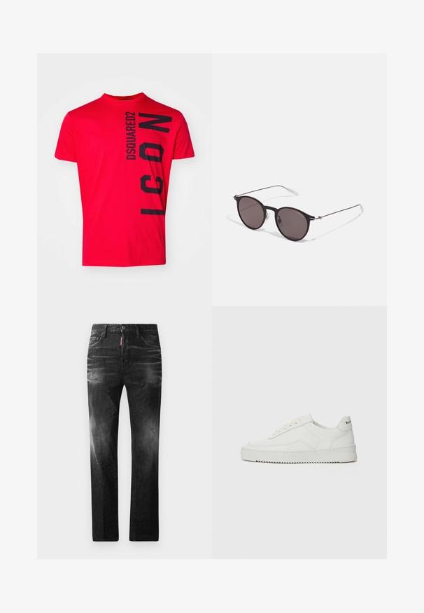 Camiseta de algodón roja con texto vertical negro "DSQUARED2 ICON". Manga corta y cuello redondo con una textura suave.; Jeans de mezclilla negra con un corte recto. Presentan áreas desgastadas, un ligero desgasto, diseño clásico de cinco bolsillos y cierre de botón.; Zapatilla de cuero blanca con un acabado suave, puntera redonda, cordones planos y suela texturizada. Cuenta con un sutil logo en el talón.; Gafas de sol redondas negras con lentes oscuros y brazos metálicos delgados. Incluye puntas de varilla transparentes y acentos plateados en la bisagra. Diseño minimalista.