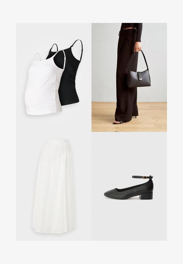 Divi grūtniecības topi ar piedurknēm melnā un baltā krāsā, izgatavoti no mīksta auduma, ar regulējamām siksnām un pieguļošu dizainu, lai pielāgotos augošai vēderam.; Balta maksi svārki ar elastīgu jostasvietu, ar teksturētu ziedu rakstu un mežģīņu līdzīgām izgriezumiem visā audumā.; Melnas ādas sūkņi ar smailu purngalu un zemu bloku papēdi. Iezīmēts ar potītes siksniņu ar zelta krāsas sprādzi. Gluda tekstūra.; Melnā somiņa ar strukturētu formu, gludu tekstūru un metālu sprādzi. Saskaņota ar platām melnām biksēm un sandālēm ar atvērtu purngalu uz koka grīdas.