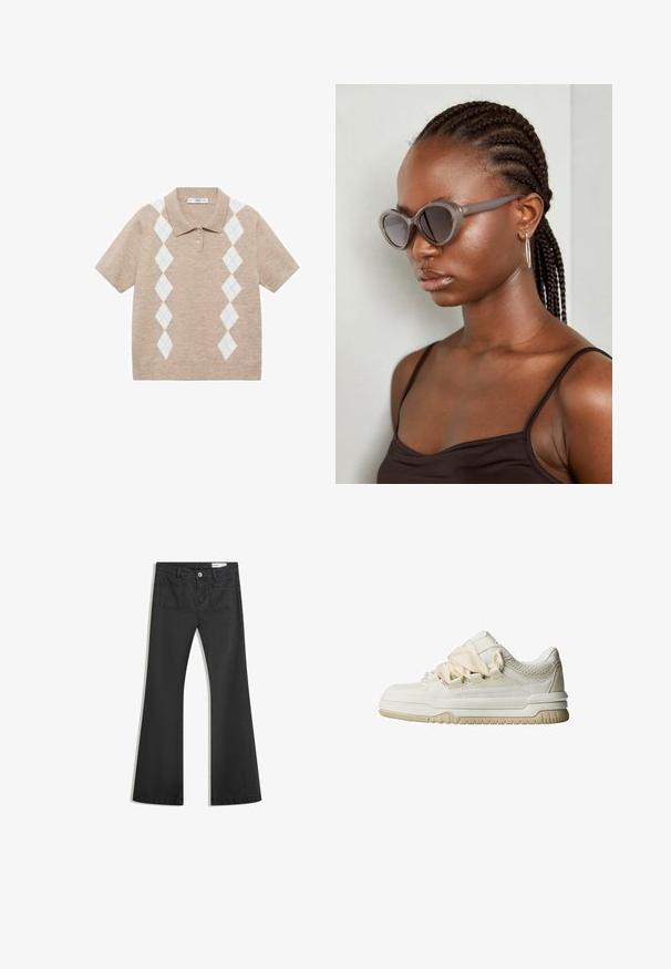 Beige polo shirt met korte mouwen van breiwerk, versierd met witte en lichtblauwe ruitpatronen aan de voorkant en twee knopen bij de kraag.; Zwarte flared jeans van denim met een gladde textuur, voorzien van twee achterzakken en een knoopsluiting bij de taille.; Laag uitgesneden sneaker in off-white met een gestructureerde bovenkant, mesh panelen en een contrasterende beige rubberen zool. Beschikt over dikke veters en minimale branding.; Grijze oversized zonnebril met een ronde vorm en donkere lenzen. Strakke kunststof montuur met een gladde afwerking. Model heeft gevlochten haar.