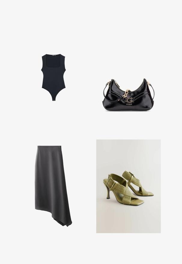 Schwarzer Body mit quadratischem Ausschnitt, ärmellosem Design und String-Rücken. Hergestellt aus glattem, elastischem Stoff. Verfügt über einen Druckknopfverschluss am Boden.; Asymmetrischer schwarzer Rock aus glattem Stoff, mit hoher Taille und einem fließenden Schnitt, der auf einer Seite länger fällt.; Grüne, gewebte Absatzsandalen mit verstellbarem Schnallenverschluss, quadratischer offener Zehenpartie und glatter Sohle. Sie verfügen über einen eleganten, schlanken High Heel und strukturierte Riemen.; Schwarze Lackledertasche mit geschwungenem Design, goldenen Hardware-Akzenten und einem auffälligen Logo. Inklusive abnehmbarem Schultergurt.