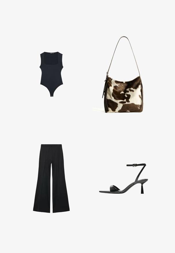 Schwarzer Body mit quadratischem Ausschnitt, ärmellosem Design und String-Rücken. Hergestellt aus glattem, elastischem Stoff. Verfügt über einen Druckknopfverschluss am Boden.; Schwarze weit geschnittene Hose mit glatter Textur, ausgestattet mit Frontfalten und einem taillierten Design. Der Stoff ist leicht und fließend.; Bershka High Heel Sandalette - black; Braune und cremefarbene Kuhhaut-Umhängetasche mit einem glatten Ledertrageriemen, Reißverschluss und einer weichen, strukturierten Oberfläche mit einem natürlichen Muster.