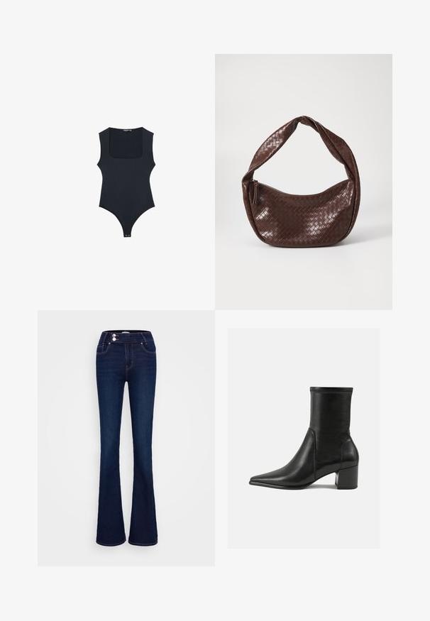Zwart bodysuit met een vierkante halslijn, mouwloos ontwerp en string achterkant. Gemaakt van glad, rekbaar materiaal. Voorzien van drukknoopsluiting onderaan.; Donkerblauwe uitlopende jeans met een hoge taille, twee voorzakken en twee knoopsluitingen. Gemaakt van denim met een zachte textuur.; Zwarte enkelboot van soepel leer, met een spitse neus, een blokhak en duidelijke verhoogde stiksels aan de bovenrand.; Bruine geweven leren handtas met een gebogen, geknoopte hengsel en een ritsluiting. Glad oppervlak en ronde vorm.