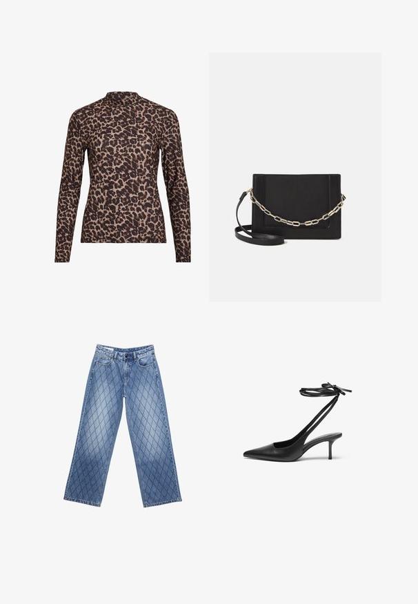 Leopardikuvioinen pitkähihainen paita, jossa on korkea kaula, valmistettu joustavasta kankaasta. Hihnassa on vaalea pohja ruskeilla pilkuilla. Sileä rakenne, tiukka malli.; Vaaleansiniset, leveälahkeiset farkut, joissa on tilkkutäkkikuvio, viisi taskua ja nappi vyötäröllä.; Mustat nahkaiset stiletto-kengät, joissa on terävä kärki, avoin takaosa ja nilkkahihnat solmittuina rusetiksi. Kapea 3-tuumainen korko. Tasainen pinta, minimalistinen muotoilu.; Musta nahkainen olkalaukku, jossa on sileä pinta, suorakulmainen muoto ja metalliketju yksityiskohtana edessä. Mukana säädettävä hihna.