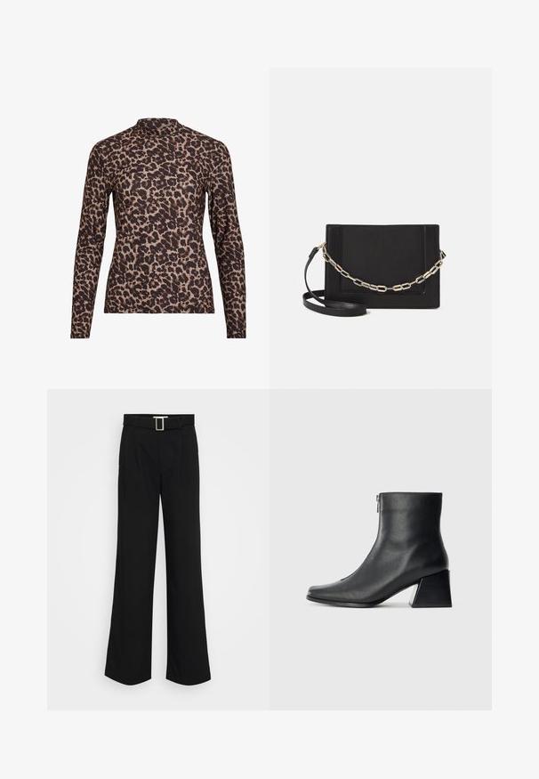 Langärmliges Oberteil mit Leopardenmuster und hohem Kragen, aus elastischem Stoff gefertigt. Hat einen beigefarbenen Grundton mit braunen Flecken. Glatte Textur, figurbetontes Design.; Schwarze weit geschnittene Hosen aus leichtem Stoff, mit glatter Oberfläche, vorderen Falten und einem Gürtel mit einer quadratischen Metallschnalle.; Schwarze Lederstiefelette mit quadrater Zehenform, seitlichem Reißverschluss und Blockabsatz vor einem schlichten hellen Hintergrund.; Schwarze Leder-Crossbody-Tasche mit glatter Textur, rechteckiger Form und metallic-kettendetail auf der Vorderseite. Verstellbarer Gurt inklusive.