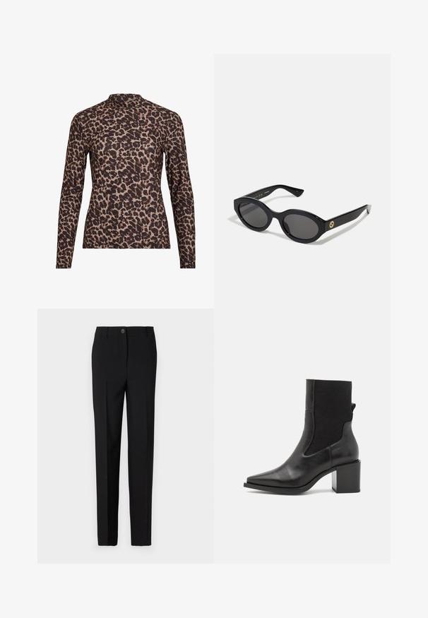 Langærmet top med leopardprint og høj hals, lavet af strækbart stof. Har en tan-basis med brune pletter. Glat tekstur, tætsiddende design.; Sorte skræddersyede bukser med lige ben-design, der har en knaplukning og bæltestropper, lavet af glat stof.; Sort ankelstøvle med spids tå, lavet af glat læder og elastisk stof. Har en blokhæl og minimalistisk design.; Sorte ovale solbriller med mørke linser og blank plastramme. Har et guldlogo på stykket, hvilket giver et slankt og moderne design.