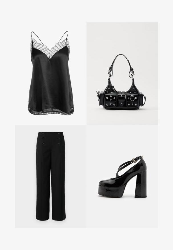 Zwarte satijnen camisole met een V-hals en een doorzichtige gestreepte kantafwerking langs de halslijn en zoom, voorzien van dunne verstelbare bandjes.; Zwarte wijde broek van gladde stof, met een hoge taille en vijf knopen aan de voorkant voor sluiting. Elegant, op maat gemaakt ontwerp.; The Kooples CHAUSSURES - Hoge hakken - black; Zwarte lederen handtas met een gebogen ontwerp, voorzien van zilveren studs, een gesp en twee zijvakken. Verstelbare schouderband voor verschillende draagmogelijkheden.