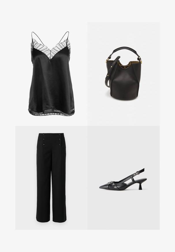 Camisole nera in satin con scollatura a V e delicata bordatura in pizzo a righe trasparente lungo il collo e l'orlo, con sottili spalline regolabili.; Pantaloni neri a gamba larga realizzati in tessuto morbido, con vita alta e cinque bottoni frontali per la chiusura. Design elegante e sartoriale.; Scarpa slingback nera in pelle con punta affusolata, cinturini decorativi con occhielli metallici e tacco basso a blocco. Superficie testurizzata.; Borsa a secchiello in pelle nera con finitura testurizzata, dettagli in metallo dorato e apertura superiore. Presenta una maniglia corta e una tracolla regolabile.