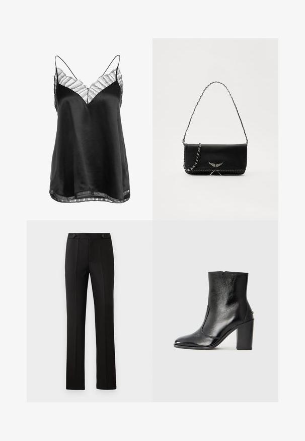 Čierny saténový top s výstrihom do V a priehľadným pruhovaným čipkovým lemovaním pozdĺž výstrihu a spodného lemu, s tenkými nastaviteľnými ramienkami.; Čierne nohavice na mieru so rovnými nohavicami, dvoma prednými vreckami, gombíkovým zapínaním a skladaním na prednej strane. Hladká textúra látky.; Čierna kožená kotníková obuv s hladkým povrchom, špicatou špičkou a masívnym vysokým podpätkom. Zdobená bočným otvorom a minimalistickým dizajnom.; Čierna kožená kabelka so strieborným reťazovým popruhom, so zdobnými krídelnými akcentmi a bielym prešívaním pozdĺž dolného švu.