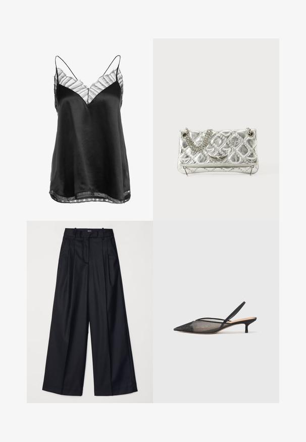 Svart satin camisole med V-ringning och genomskinlig randig spets i nederkant och längs halsringningen, med tunna justerbara axelband.; Svarta vida byxor i slät tyg, med hög midja, veck och skräddarsydd design. Enkel svart detalj vid midjan.; NEOUS IRENA - Pumps - black; Silverfärgad metallisk handväska med kedjehandtag, quiltad textur, dekorativ sömnad och dragkedjestängning. Har prägling på framsidan.