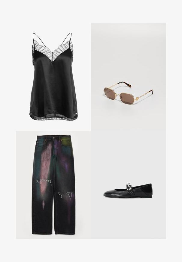 Camiseta de satén negra con escote en V y borde de encaje a rayas transparente a lo largo del escote y el dobladillo, con tirantes finos ajustables.; MM6 Maison Margiela PANTS 5 POCKETS - Vaqueros boyfriend - black; Mocasines de ballet de cuero negro con punta afilada, que cuentan con una correa con un cinturón metálico circular y una suela plana.; Tory Burch Gafas de sol - shiny gold-coloured; MM6 Maison Margiela JAPANESE CROSSBODY BAG - Bolso de mano - bracken