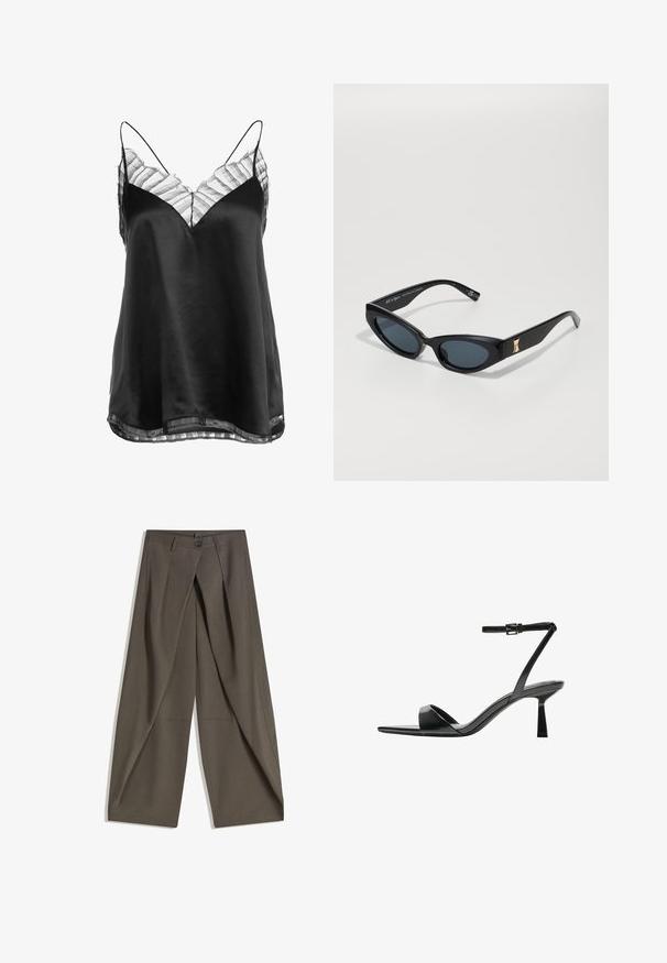 Musta satiinikangas toppi, jossa on V-pääntie ja läpikuultava raidallinen pitsireuna kaula-aukossa ja helmassa, ohuilla säädettävillä olkaimilla.; Laahustetut leveät housut tummasta harmaasta kankaasta. Varustettu etupleatilla, nappikiinnityksellä ja sivutaskuilla käytännöllisyyden vuoksi.; Bershka Korolliset sandaalit - black; Mustat aurinkolasit, joissa on tyylikäs ja kulmikas muotoilu. Niissä on tummat linssit, kiiltävä pinta ja kultainen yksityiskohta ohueksi.