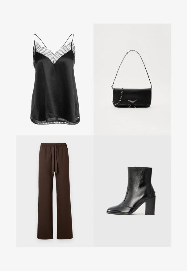 Černá saténová top s V-výstřihem a průhledným pruhovaným krajkovým lemem kolem výstřihu a dolního okraje, s tenkými nastavitelnými ramínky.; Hnědé kalhoty s širokými nohavicemi, pružným pasem a nastavitelnou šňůrkou. Obsahují boční kapsy a mají hladkou strukturu.; Černé kožené kotníkové boty s hladkou texturou, špičatou špičkou a robustním vysokým podpatkem. Mají boční otvor a minimalistický design.; Černá kožená kabelka se stříbrným řetízkovým popruhem, zdobená dekorativními křídly a bílým prošíváním podél spodního švu.