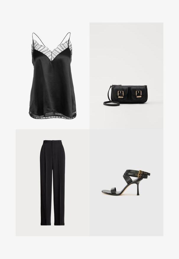Crna satinirana majica na bretele s V-izrezom i prozirnim prugastim čipkastim ukrasom duž dekoltea i donjeg ruba, s tankim podesivim trakama.; Crne krojene hlače s visokim strukom, s naborima sprijeda, ravnim krojem i običnim rubom. Izrađene od glatkog materijala.; Crne sandale s petom sa preklapanim trakama i podesivim kopčanjem. Imaju glatku teksturu i suženi stiletto potplat.; Crna kožna torba preko ramena s dva prednja džepa, zlatnim kopčama, zatvaranjem na zip i uskim remenom. Teksturirana površina i kompaktan pravokutan oblik.