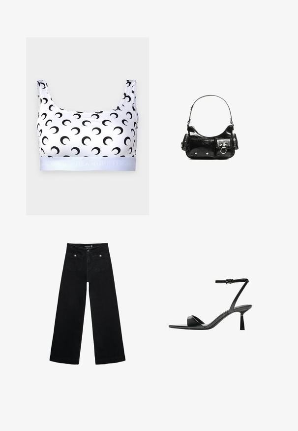 Bel bela majica s kratkimi rokavi ima črn vzorec polmeseca, raztegljiv material, široke naramnice in elastičen pas z blagovno znamko "MARINE SERRE".; Črne široke kavbojke z visokim pasom, ki imajo dva sprednja žepa in kovinske gumbi. Tkanina ima gladko teksturo.; Bershka Sandali z visoko peto - black; Črna lakasta usnjena torbica s ukrivljeno obliko, enim ramenskim trakom, sprednjimi žepi in srebrnimi kovinskimi dodatki.