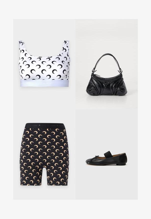 Bílý top s krátkým rukávem má černý vzor půlměsíce, elastickou tkaninu, široké ramínka a elastický pás s brandingem "MARINE SERRE".; MARINE SERRE MOON MINI - Šortky - inverse tan; Černé kožené baleríny s kulatou špičkou, malou mašlí a elastickým páskem přes nárt pro bezpečné uchycení. Rovná podešev.; Černá kabelka vyrobená z texturované kůže s kulatým tvarem. Obsahuje tenký ramenní popruh a dekorativní reliéfní vzory.