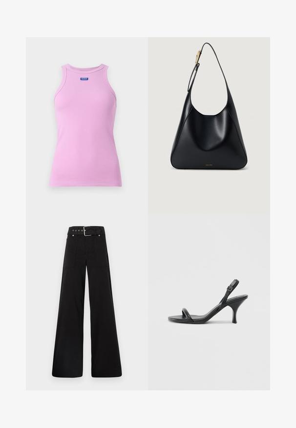Pink ribbed tank top with a round neckline and HUGO logo tag. Features a fitted design and sleeveless style, made from soft fabric.; Black wide-leg trousers made from cotton, featuring a high waist, large side pockets, and a belted waist with silver hardware accents.; Black leather high-heeled sandals with a slim, curved heel and a crossed strap design. Adjustable ankle strap. Smooth texture.; Black leather shoulder bag with a smooth texture, curved silhouette, and a gold hardware accent. Features embossed brand logo at the base.