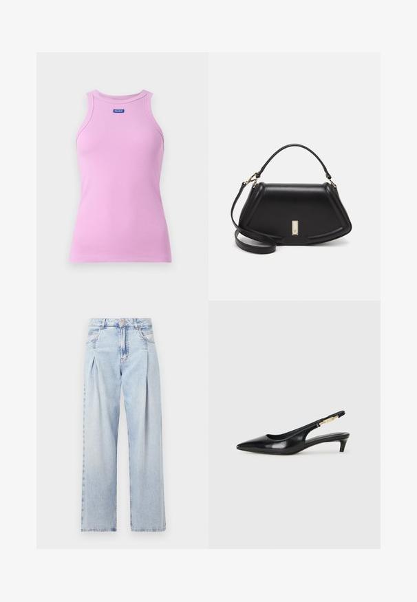 Pink ribbed tank top with a round neckline and HUGO logo tag. Features a fitted design and sleeveless style, made from soft fabric.; Light blue denim jeans with a high waist, wide-leg cut, two side pockets, and pleated design feature. Soft texture with a faded finish.; Black leather slingback heels with a pointed toe, featuring a slim heel and a gold-tone accent on the adjustable strap. Smooth texture.; Black leather handbag with a structured design, featuring a cropped shape, top handle, and gold hardware accent. Adjustable shoulder strap included.
