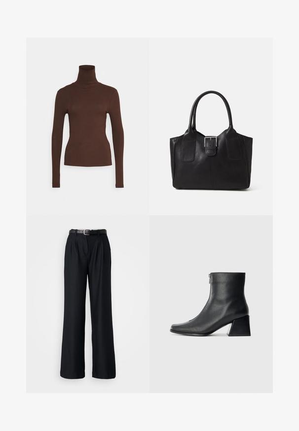 Pieces PCKITTE ROLLNECK - Camisola de manga comprida - chicory coffee; Calças largas pretas feitas de um tecido suave, com pregas frontais e um cinto preto a condizer com uma fivela prateada.; Bota de tornozelo em couro preto com bico quadrado, fecho lateral e salto bloco contra um fundo claro plano.;  Bolsa tote de couro preta com textura suave, forma estruturada, duas alças e um destaque prateado proeminente na parte da frente.
