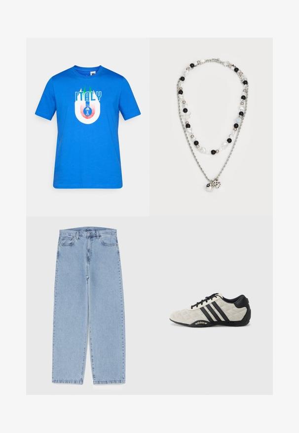 Sininen lyhythihainen T-paita, jossa edessä "ITALY"-teksti ja tyylitelty italialaisen lipun kuvio pyöreän jalkapalloembleemin yläpuolella.; Vaaleansiniset farkut suoran lahkeen muotoilulla, joissa on puolivälin vyötärö, viisi taskua sekä nappi- ja vetoketjusuljenta.; Adidaksin urheilusandaalit, joissa on teksturoitu, vaaleanharmaa yläosa ja mustat nahkakoristukset. Varustettu mustalla kolmonauhalogoilla ja pehmeällä pohjalla.; Kaksi kerrosta sisältävä kaulakoru, jossa on hopeaketju, sekoitettuja helmiä mustassa, valkoisessa ja kermassa, sekä koristeellisia riipuksia, jotka muistuttavat noppia ja palloa.