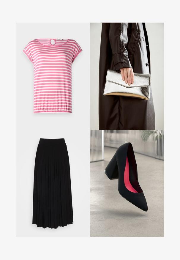 Pink and white striped short-sleeve top with a round neckline and a keyhole opening at the back. Soft fabric and elasticated hem.; Black pleated skirt with a high, stretchy waistband. Made from soft fabric, featuring vertical pleats for a flowing silhouette.; Black high heel shoe with a pointed toe, textured surface, and a vibrant pink interior. Features a chunky heel with silver accent.; Silver metallic clutch with an angular envelope design, smooth texture, and contrasting interior color, held in a hand wearing a black coat.