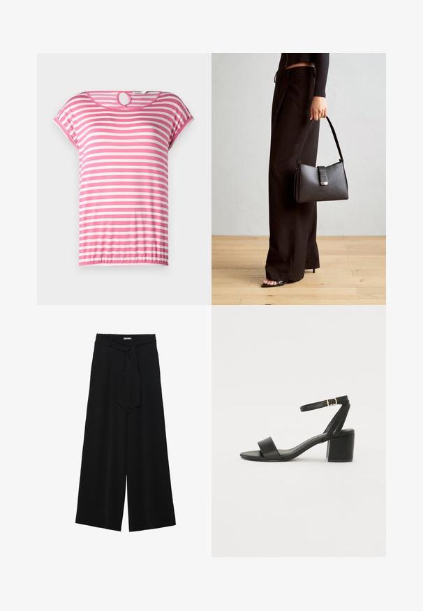 Růžová a bílá pruhovaná krátká rukávová blůza s kulatým výstřihem a klíčovou dírou na zadní straně. Měkká tkanina a elastický lem.; Černé kalhoty s širokými nohavicemi, vyrobené z texturované tkaniny, s elastickým pasem a odnímatelným páskem na úpravu velikosti.; Černé sandály na vysokém podpatku s hladkým koženým svrškem, otevřenou špičkou, širokými předními pásky a nastavitelným páskem kolem kotníku se zlatou přezkou.; Černá kabelka se strukturovaným tvarem, hladkým povrchem a kovovým uzávěrem. Kombinována s širokými černými kalhotami a sandály s otevřenou špičkou na dřevěné podlaze.